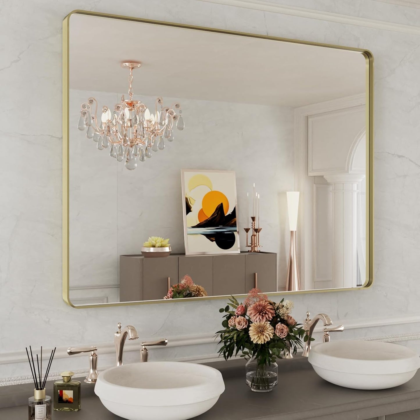 WEER Gold Bathroom Mirror with Durable Brushed Metal Frame