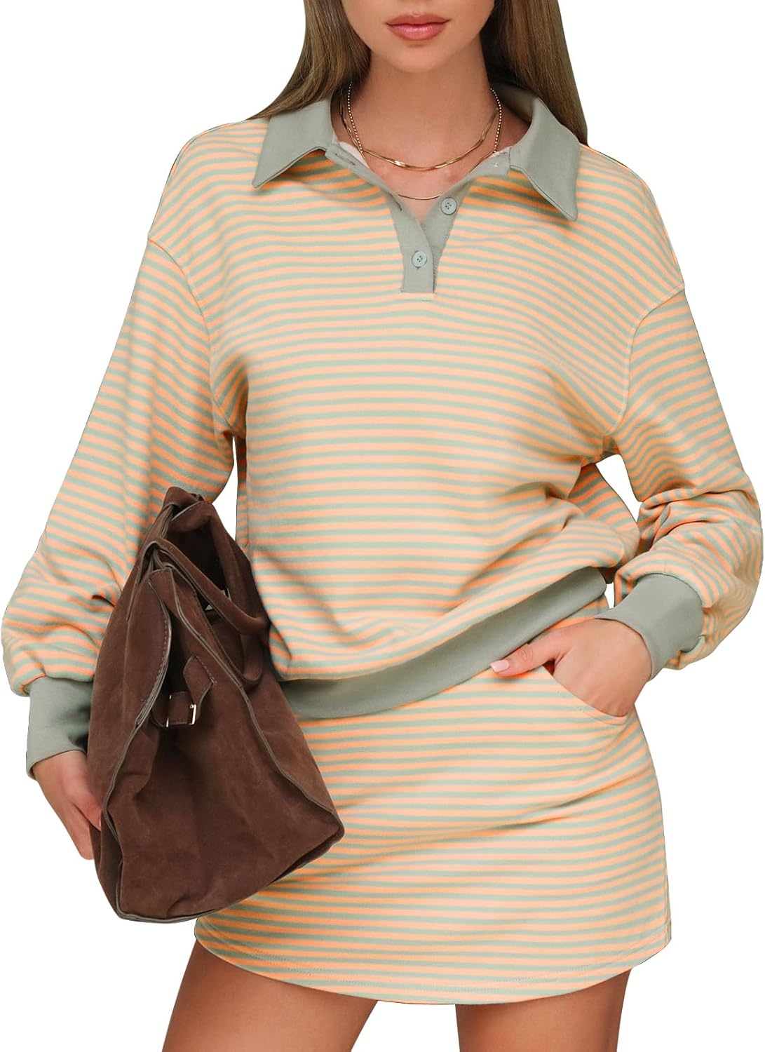 EXLURA Women Fall Two Piece Sets Cotton Striped Sweatshirt