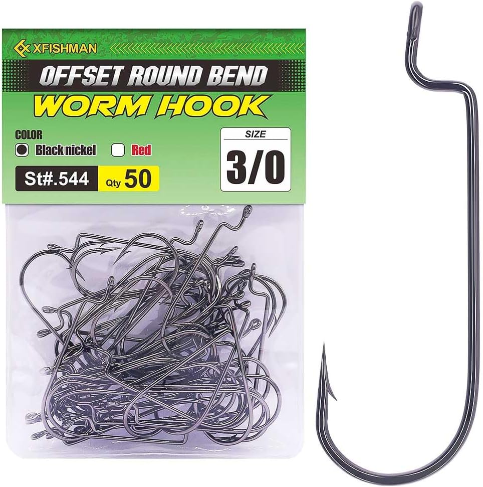 XFISHMAN Offset Worm Hooks - Ideal for Bass Fishing Texas Rig - Black/Red - Sizes 1/0-4/0