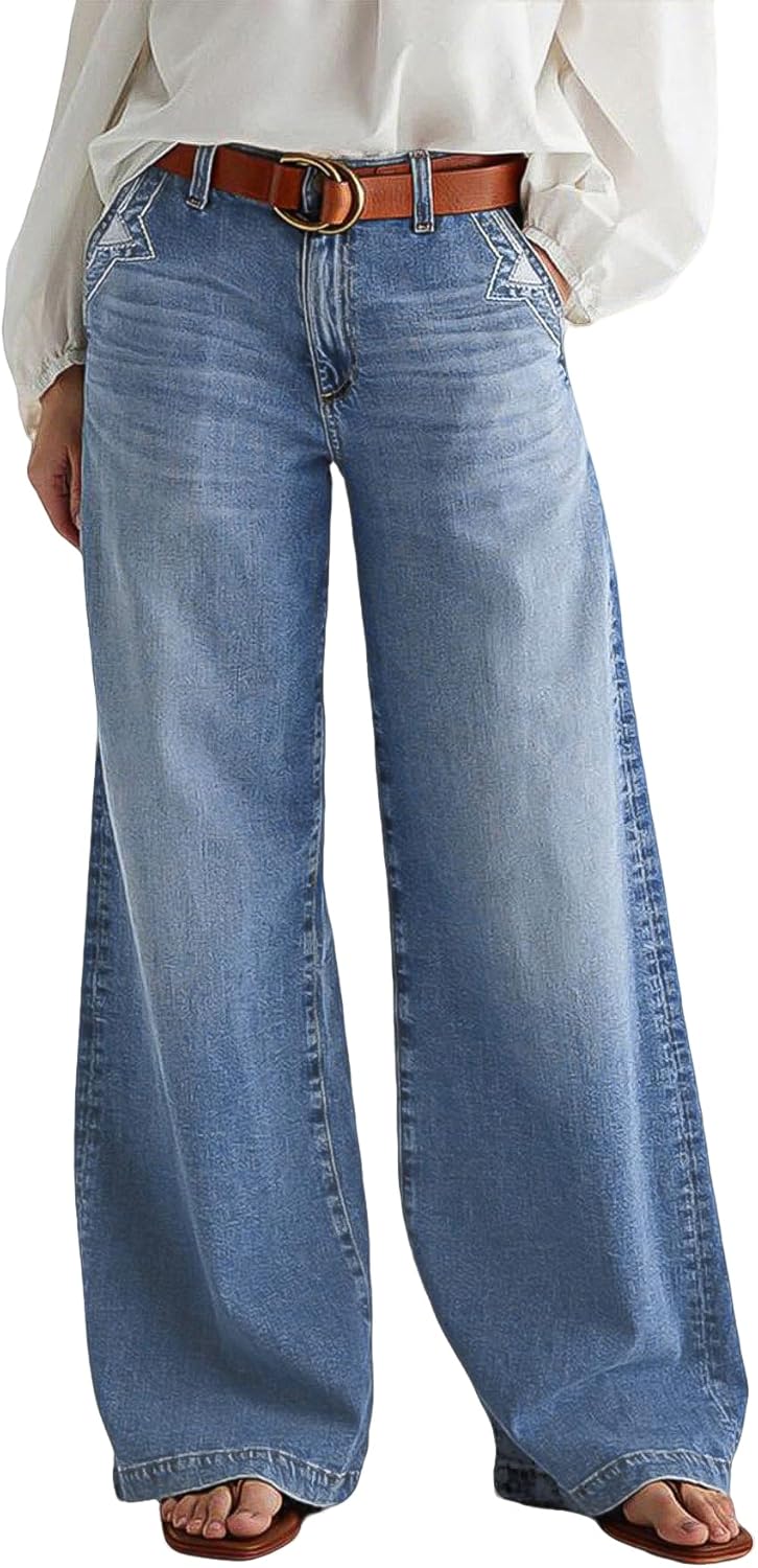 Flamingals Wide Leg Jeans for Women with Stylish Stitch Decor