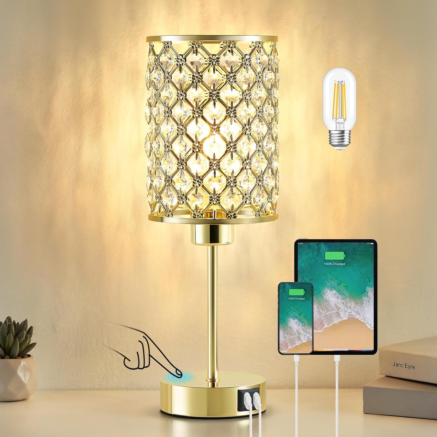 Crystal Table Lamp with USB Ports - 3 Way Dimmable Touch Lamp