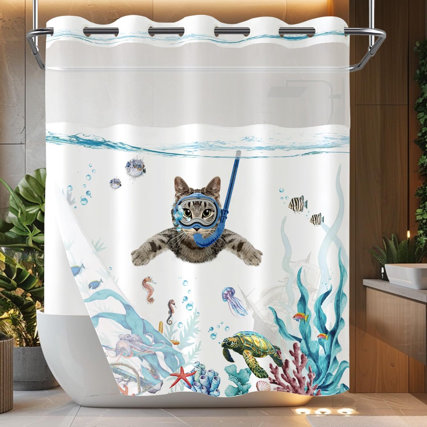 Waterproof Teal Blue Ocean Cat Shower Curtain