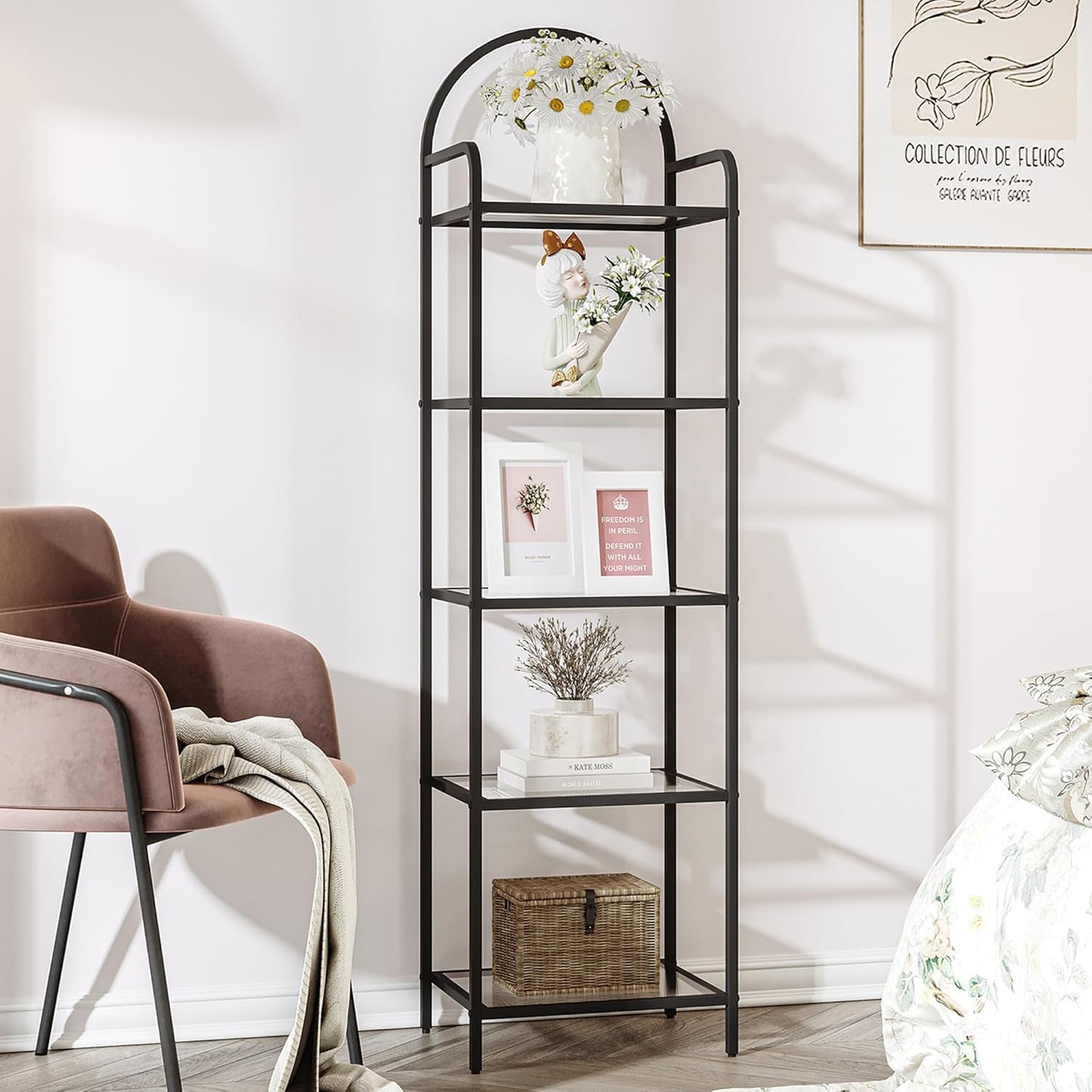 Stylish 5-Tier Bookcase with Tempered Glass Shelves and Steel Frame