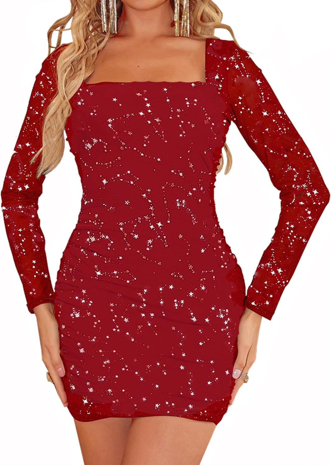 MOEENCN Women Mesh Dress Long Sleeve Square Collar Bodycon Style
