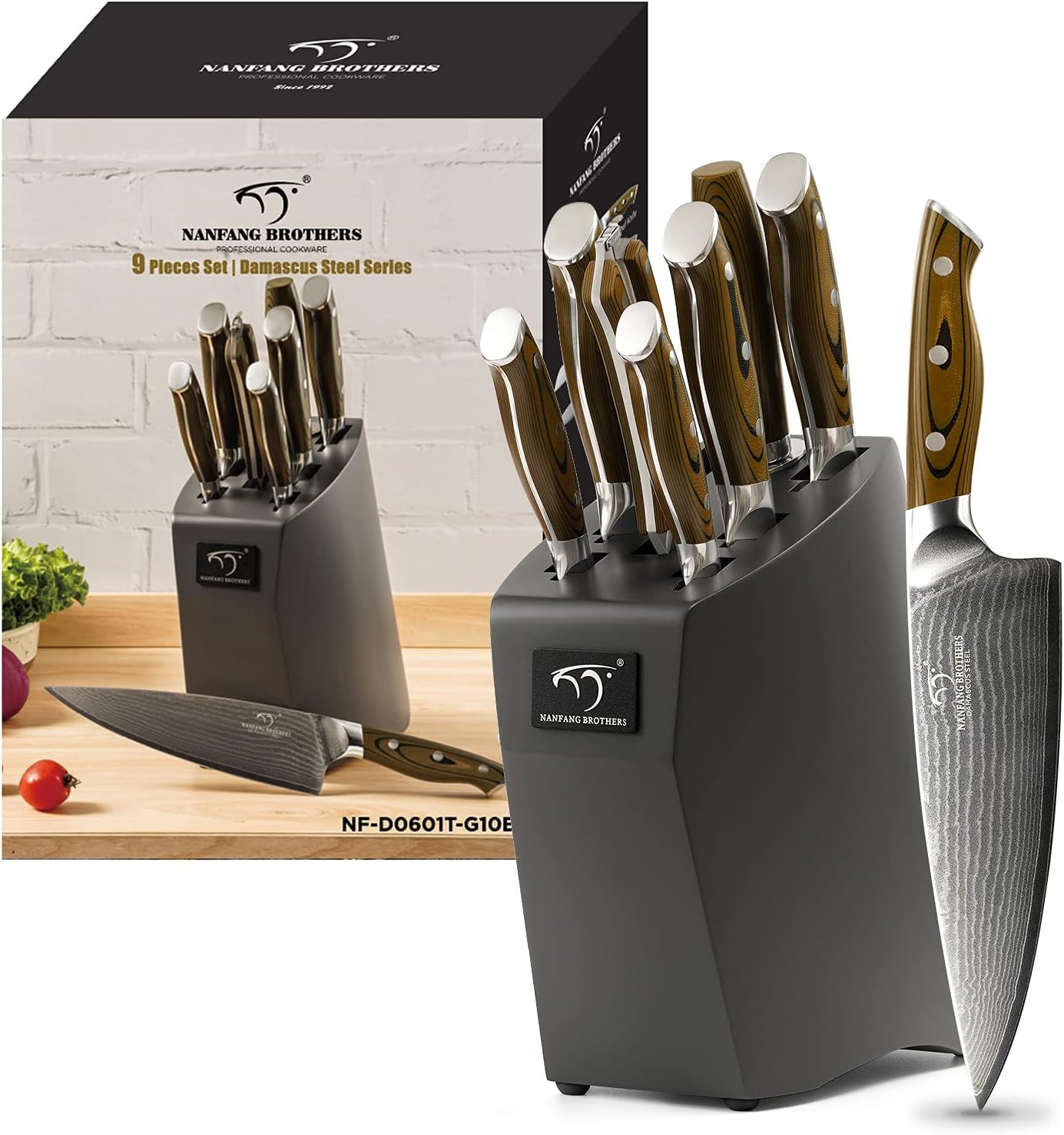 Kitchen Damascus Knife Set with Block and Ergonomic Handles