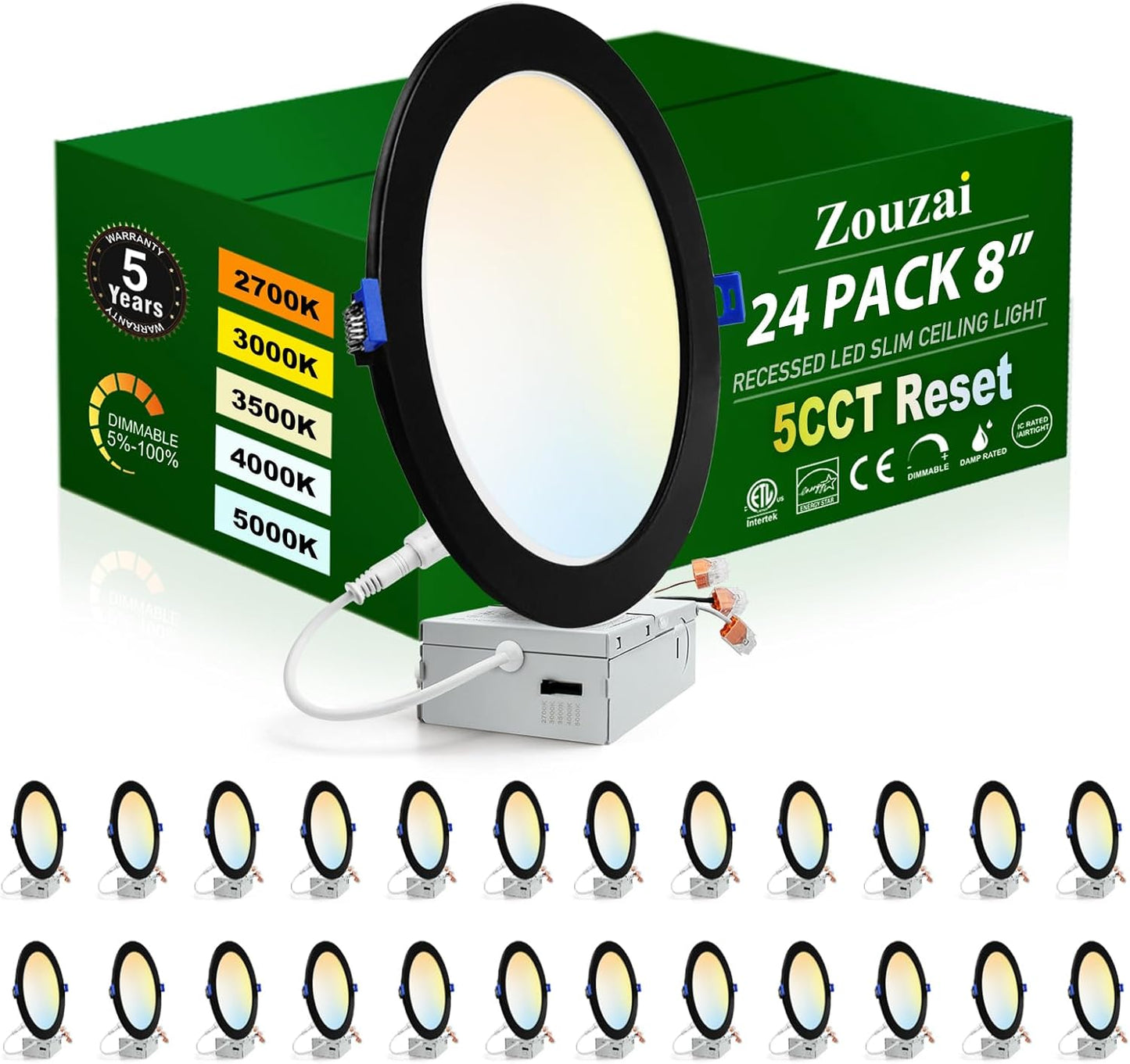 Zouzai 24 Pack Black 8 Inch LED Recessed Ceiling Light Set