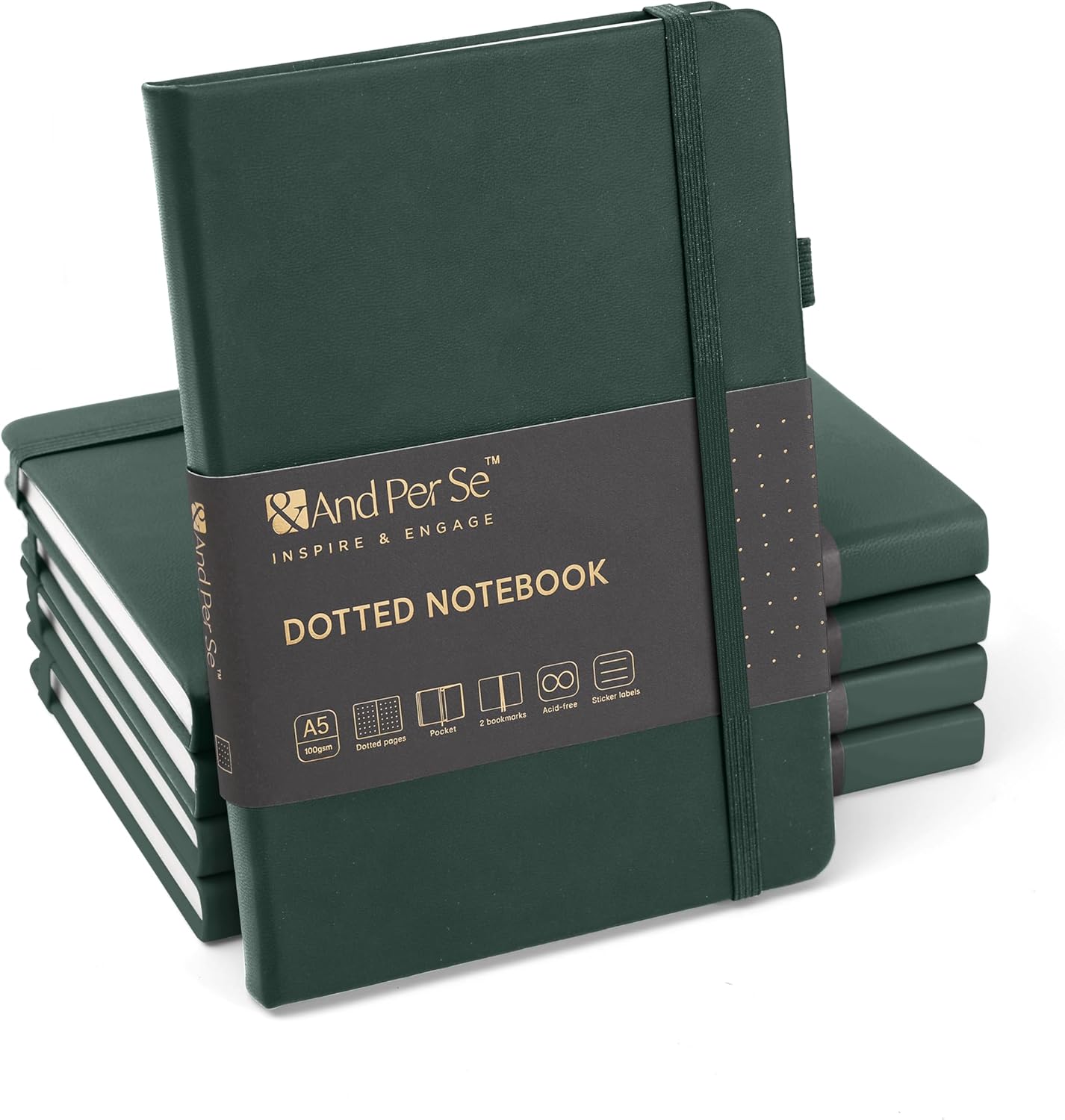 A5 Hardcover Dotted Journal 5-Pack, 160 Pages 100gsm Thick Paper, Bonus Stickers