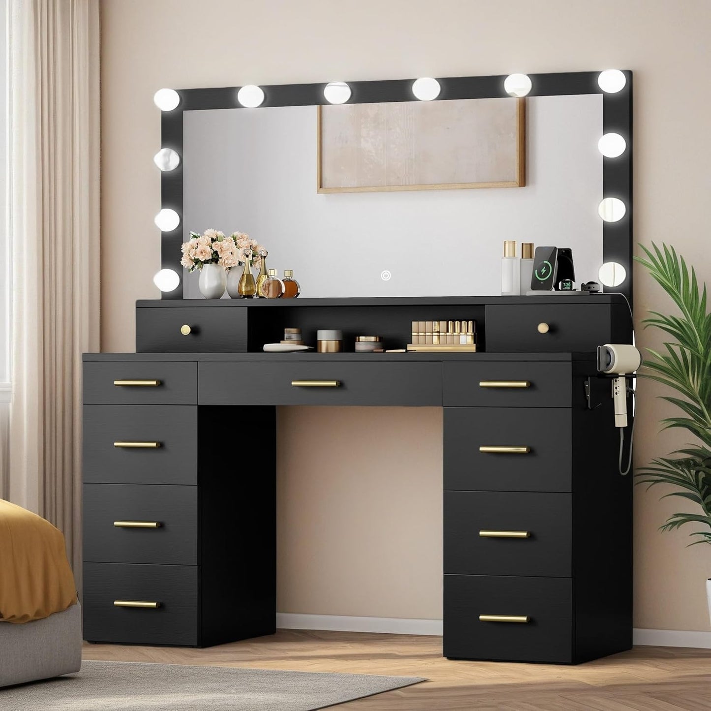 YITAHOME Large Vanity Desk with Mirror and Lights for Glam