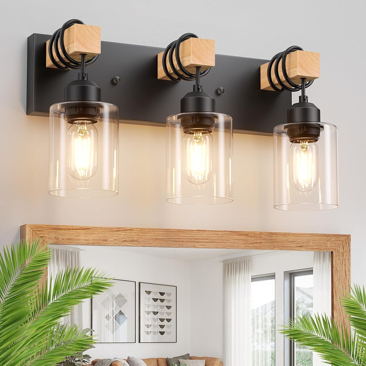 Farmhouse 3-Lights Wood Bathroom Vanity Light for Rustic Style