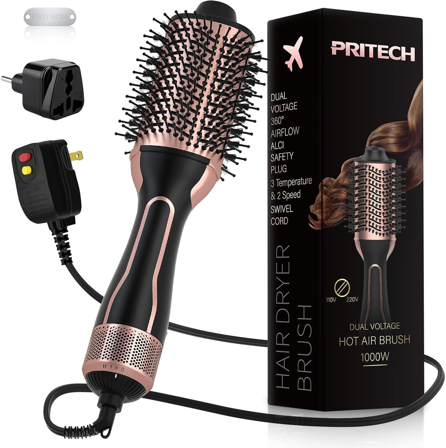 PRITECH Dual Voltage Hair Dryer Brush - 4 in 1 Ionic Styler