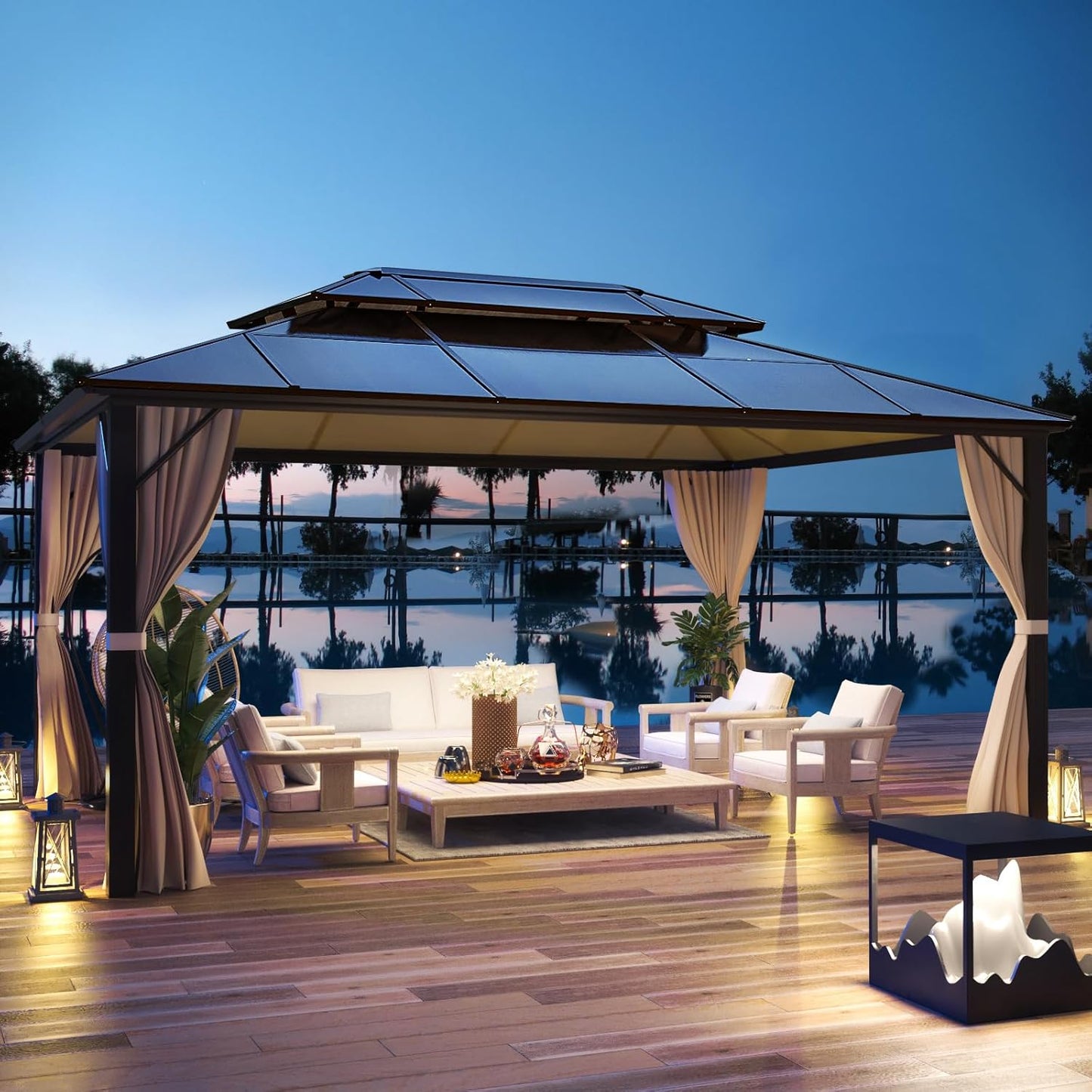 YOLENY 12ftx16ft Hardtop Gazebo with Double Roof and Curtains
