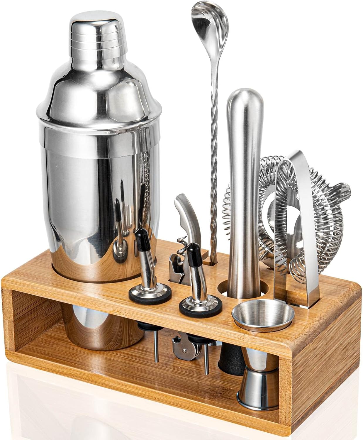 Cocktail Shaker Set with Bamboo Stand - 10-Piece Bartender Kit