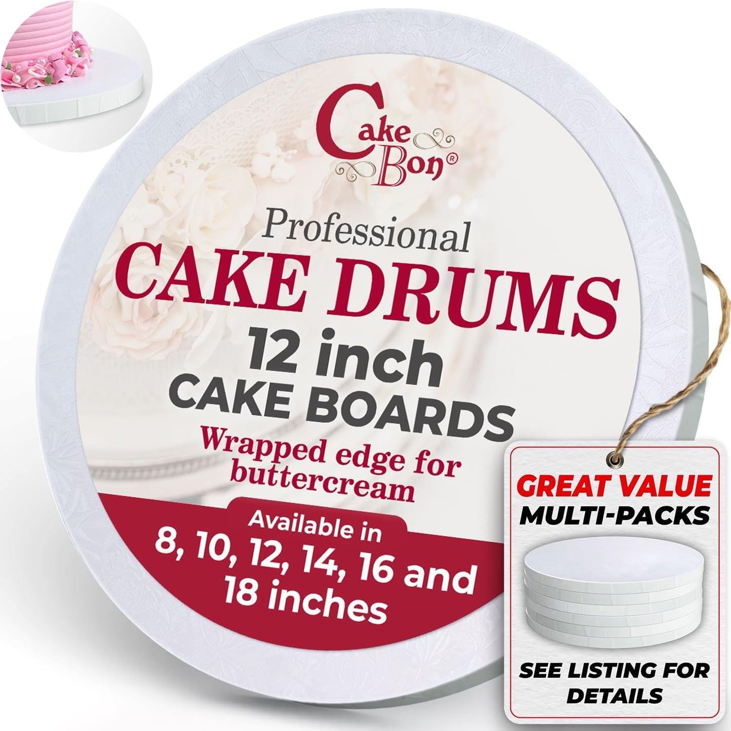 Cakebon 12 Inch Cake Boards - Sturdy 1/2 Thick Drums 12-Pack