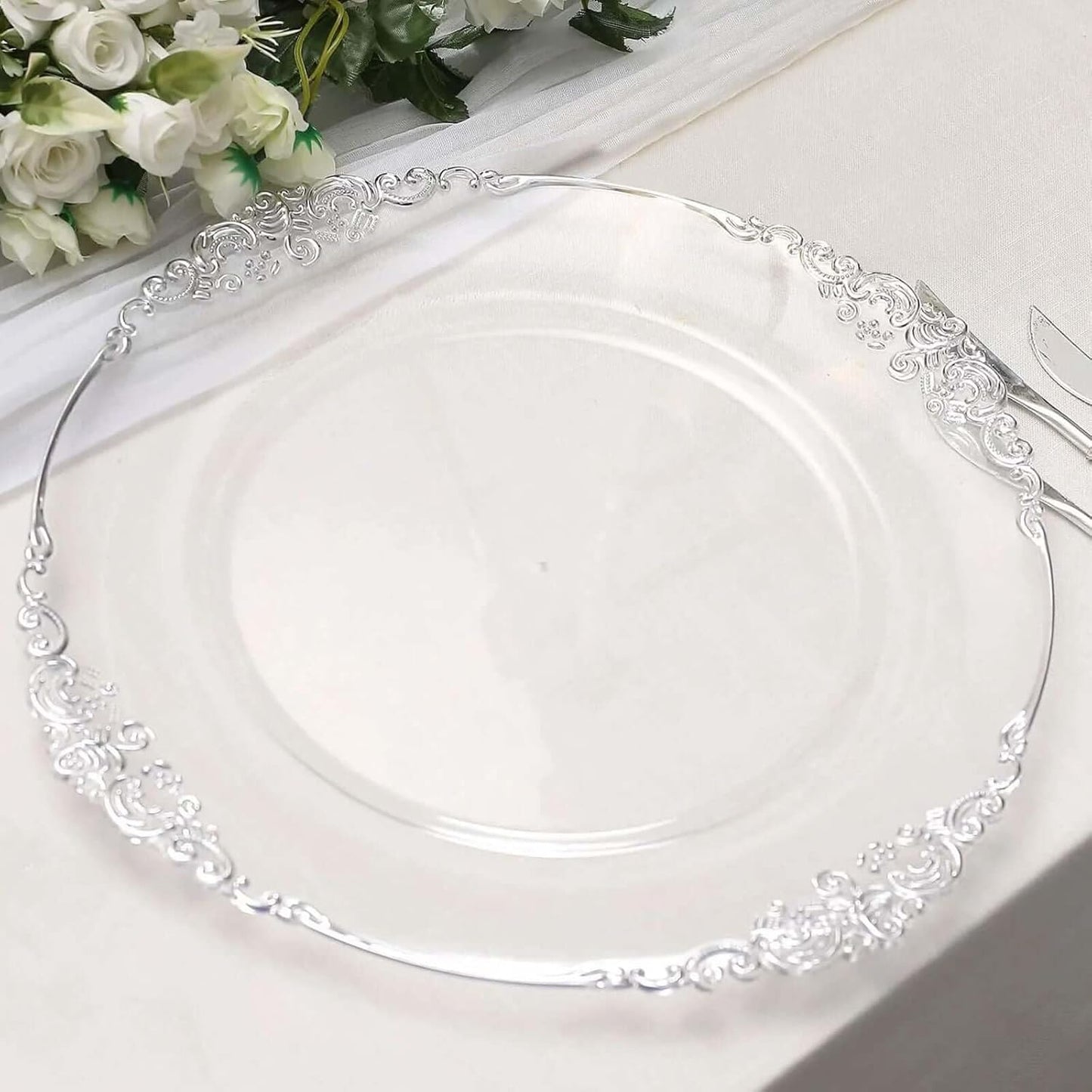 Acrylic Charger Plates 13in Round Clear with Silver Baroque Rim