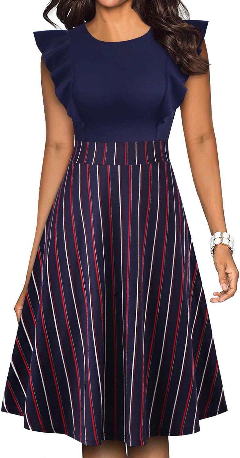 YATHON Women's Vintage Ruffle Floral Flared A Line Swing Dress