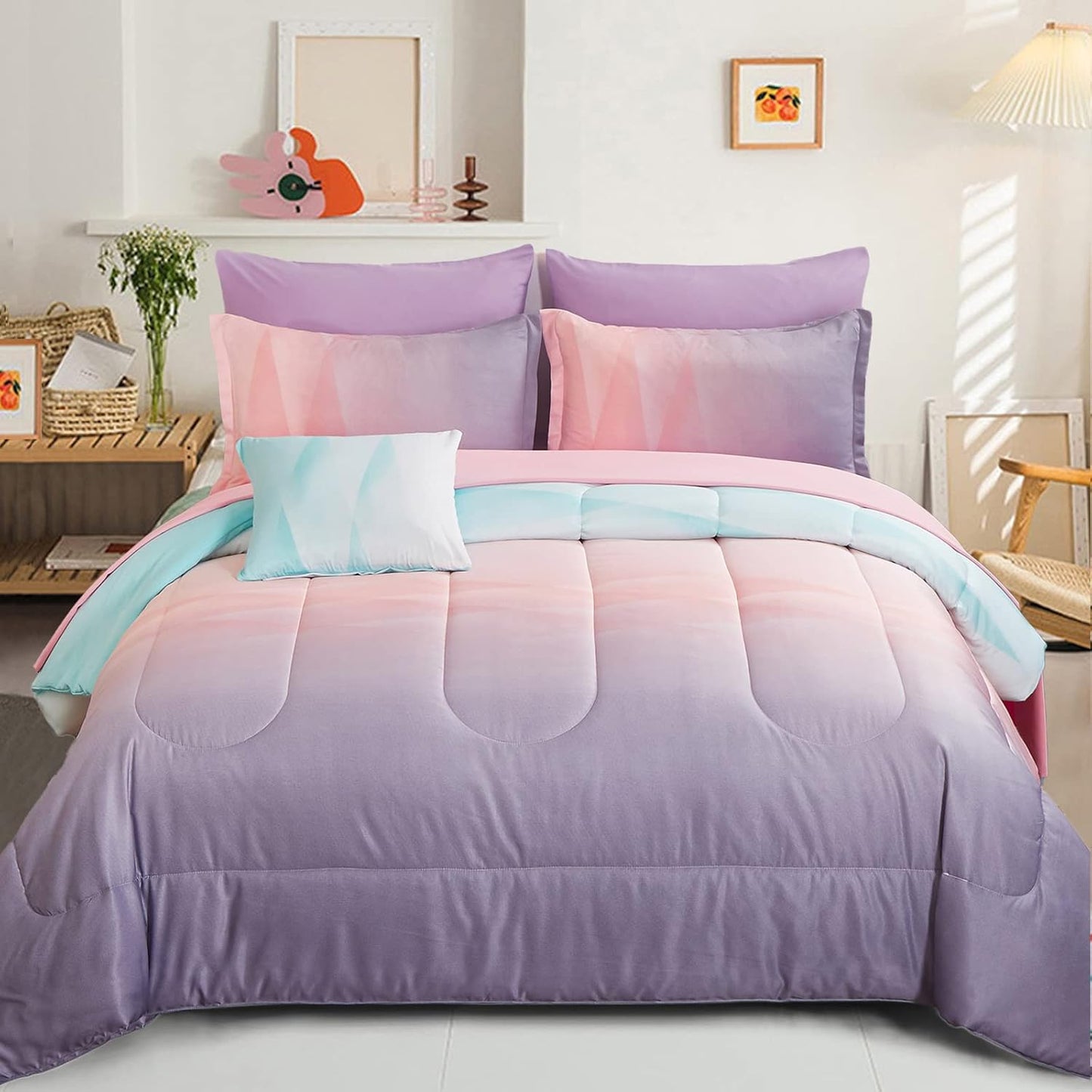 Dinjoy Reversible Girls Comforter Set Full Size Colorful Bedding