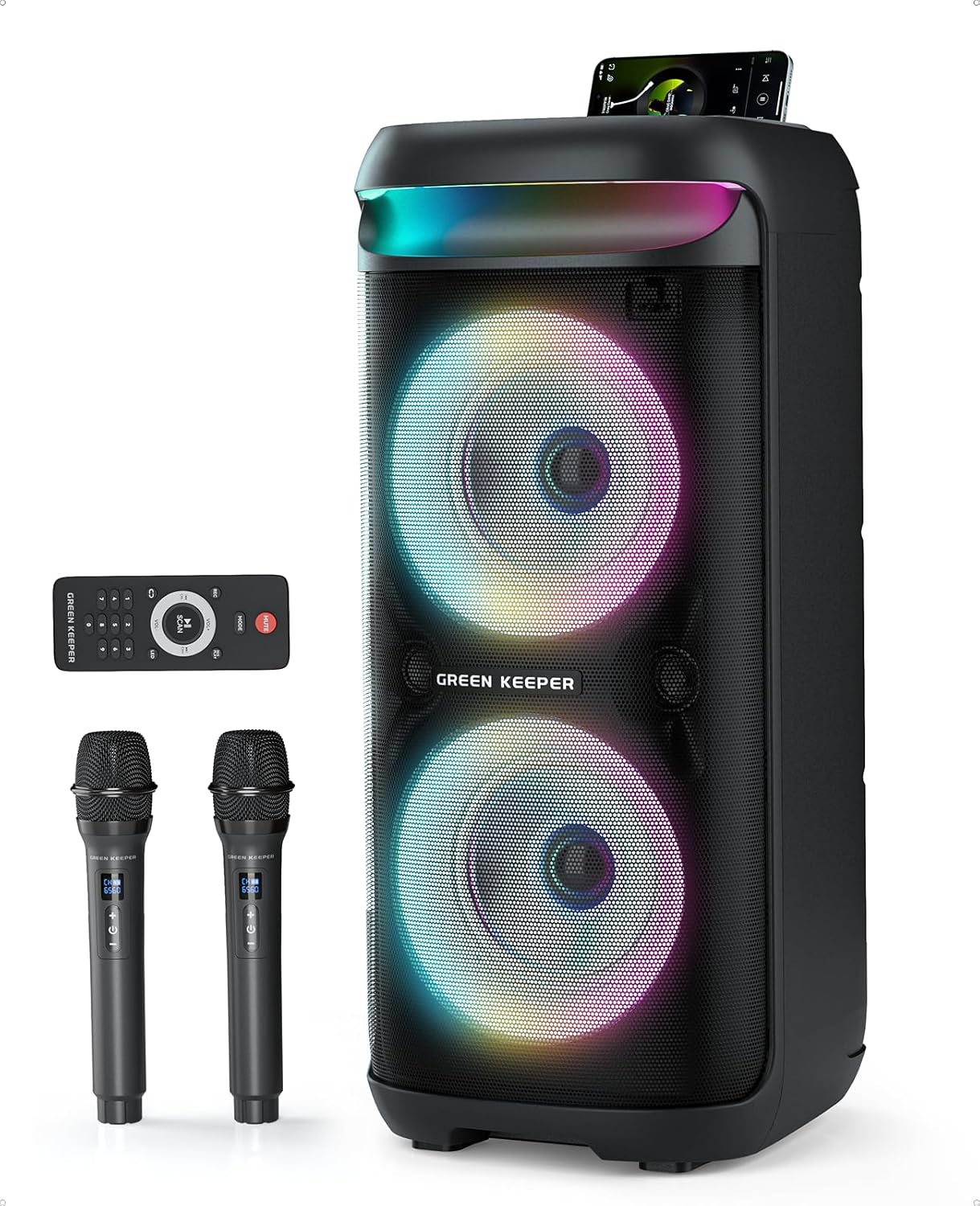 Portable Karaoke Machine with 2 Wireless Mics - Big Sound & LED Lights