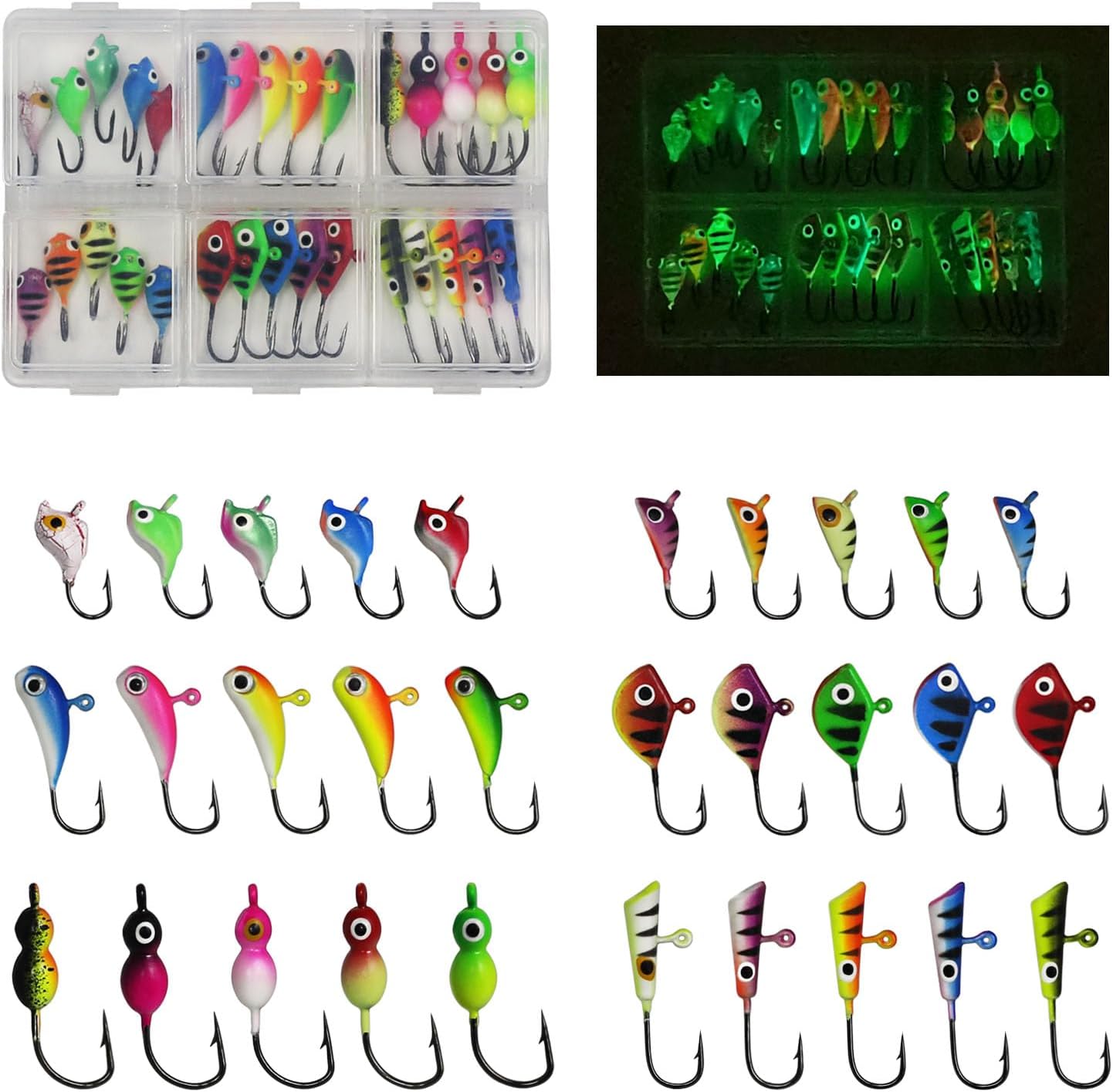 Glow Lure Kit: 30pcs Ice Fishing Jigs for Winter Fishing