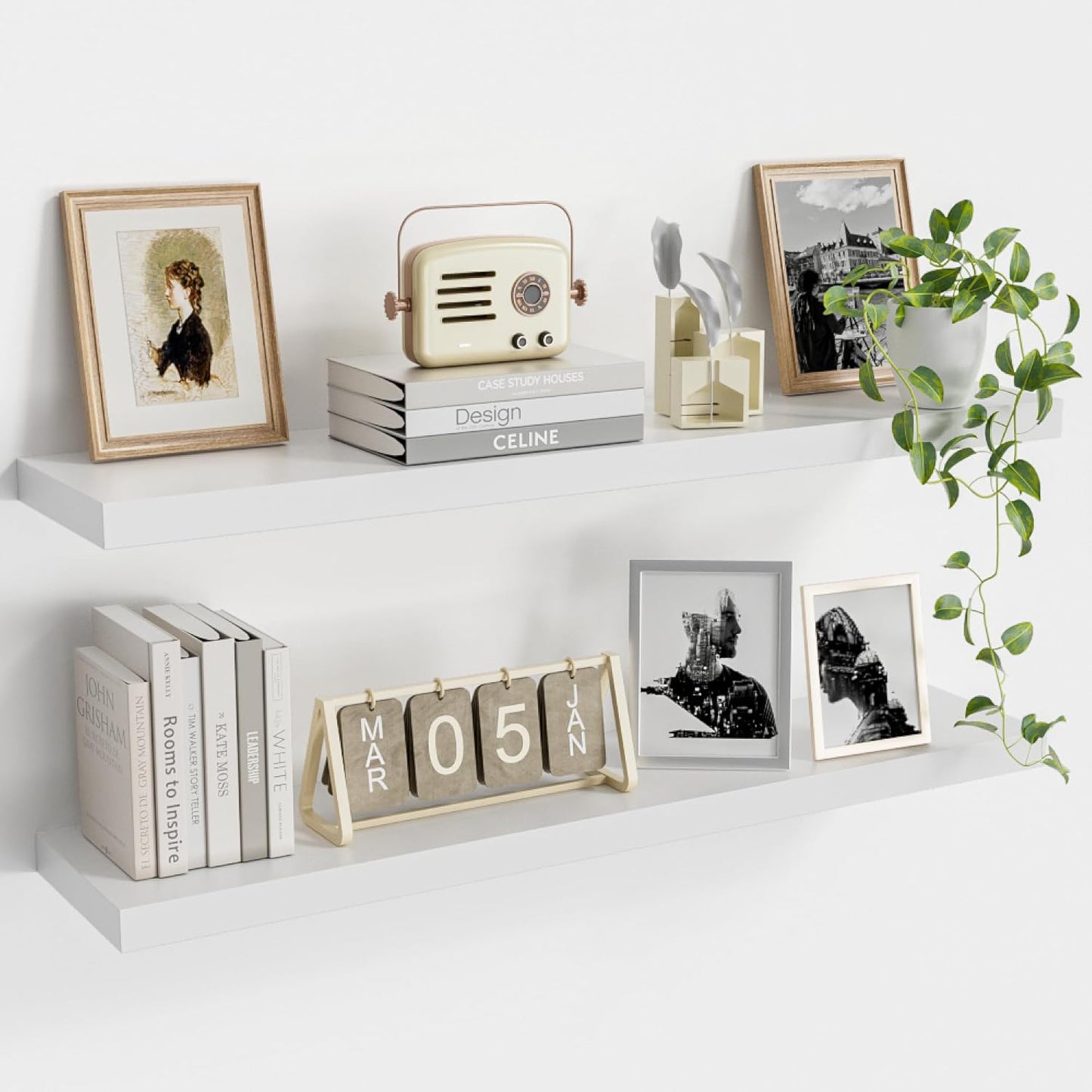 Vivelove Pine Floating Wood Shelves for Wall - Set of 2 White