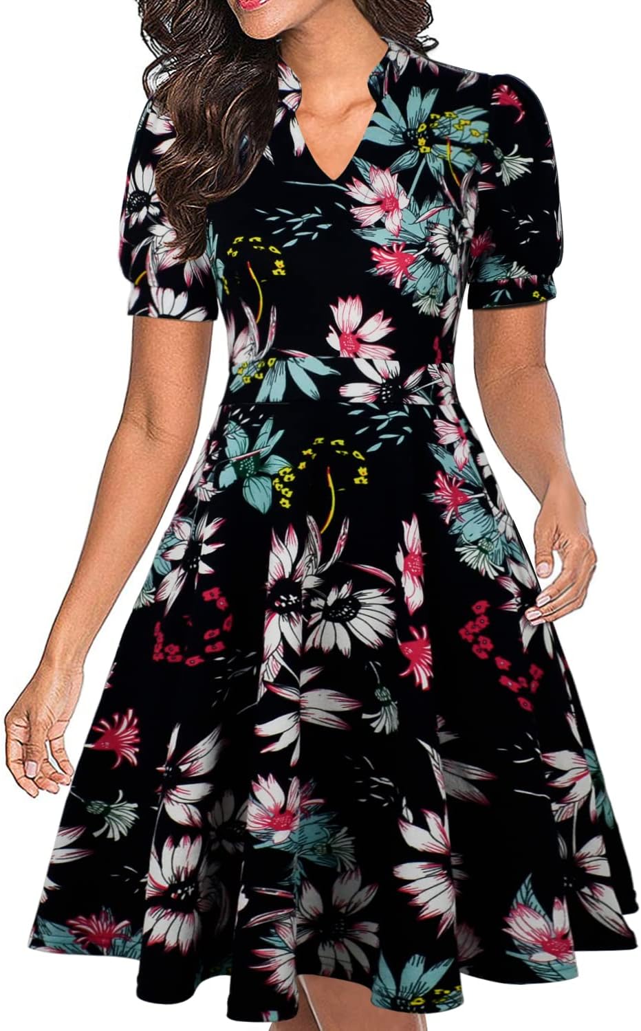 Mokayee Womens Summer Short Puff Sleeve Fit and Flare Dress