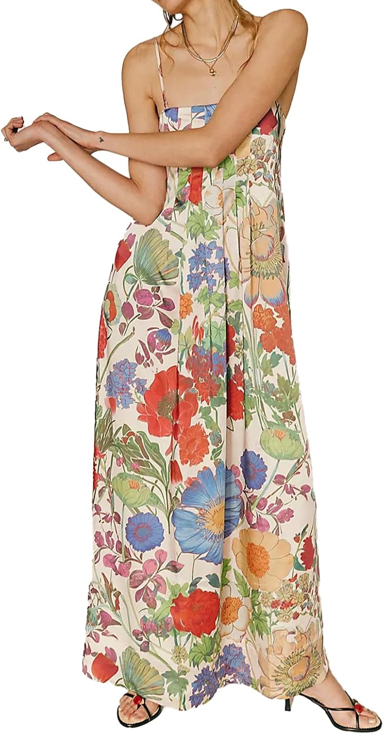 Women Boho Floral Maxi Dress Backless Spaghetti Strap A-Line