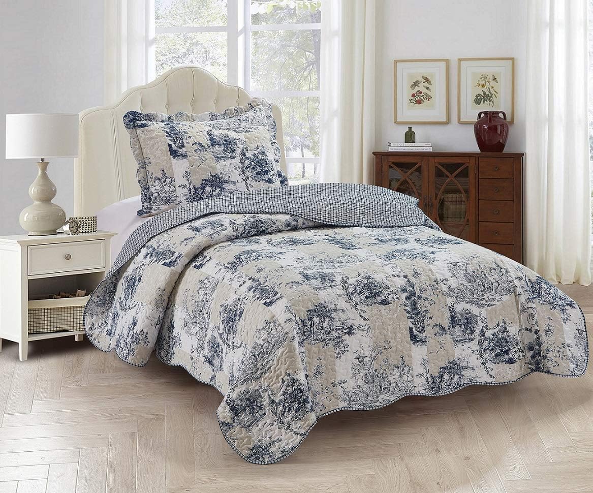 Blue Toile 2-Piece Quilt Set with Sham, Reversible Design