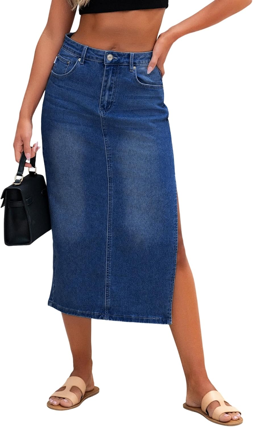 Genleck Women Denim Maxi Skirt High Waist with Side Split 2025