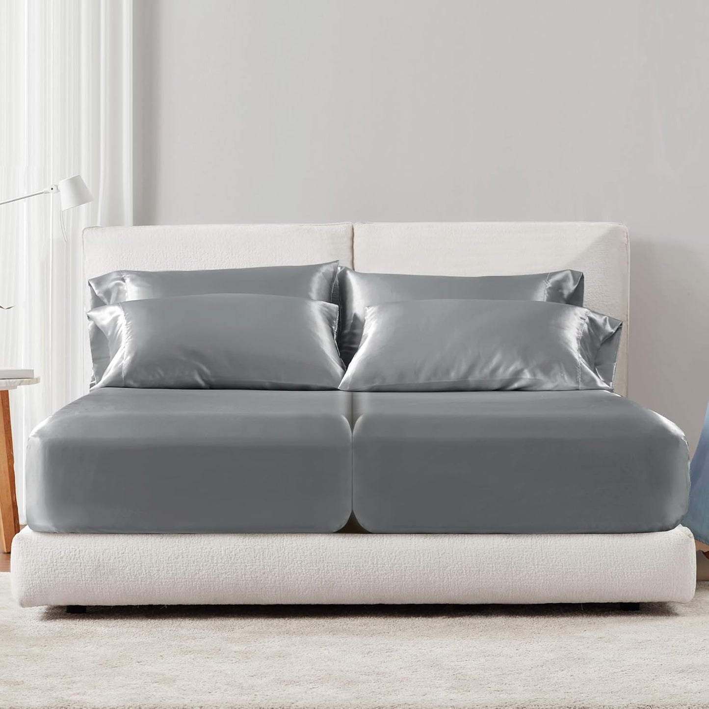 Luxurious Satin Sheets Set for Split King Size Beds - Grey
