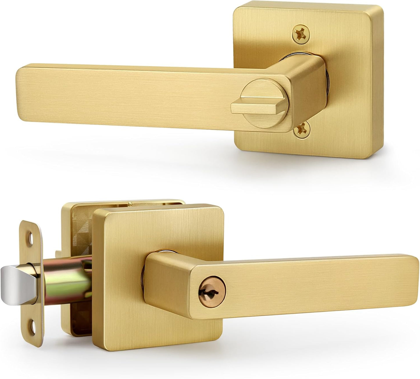 Square Keyed Entry Door Lever in Brushed Gold for Any Door
