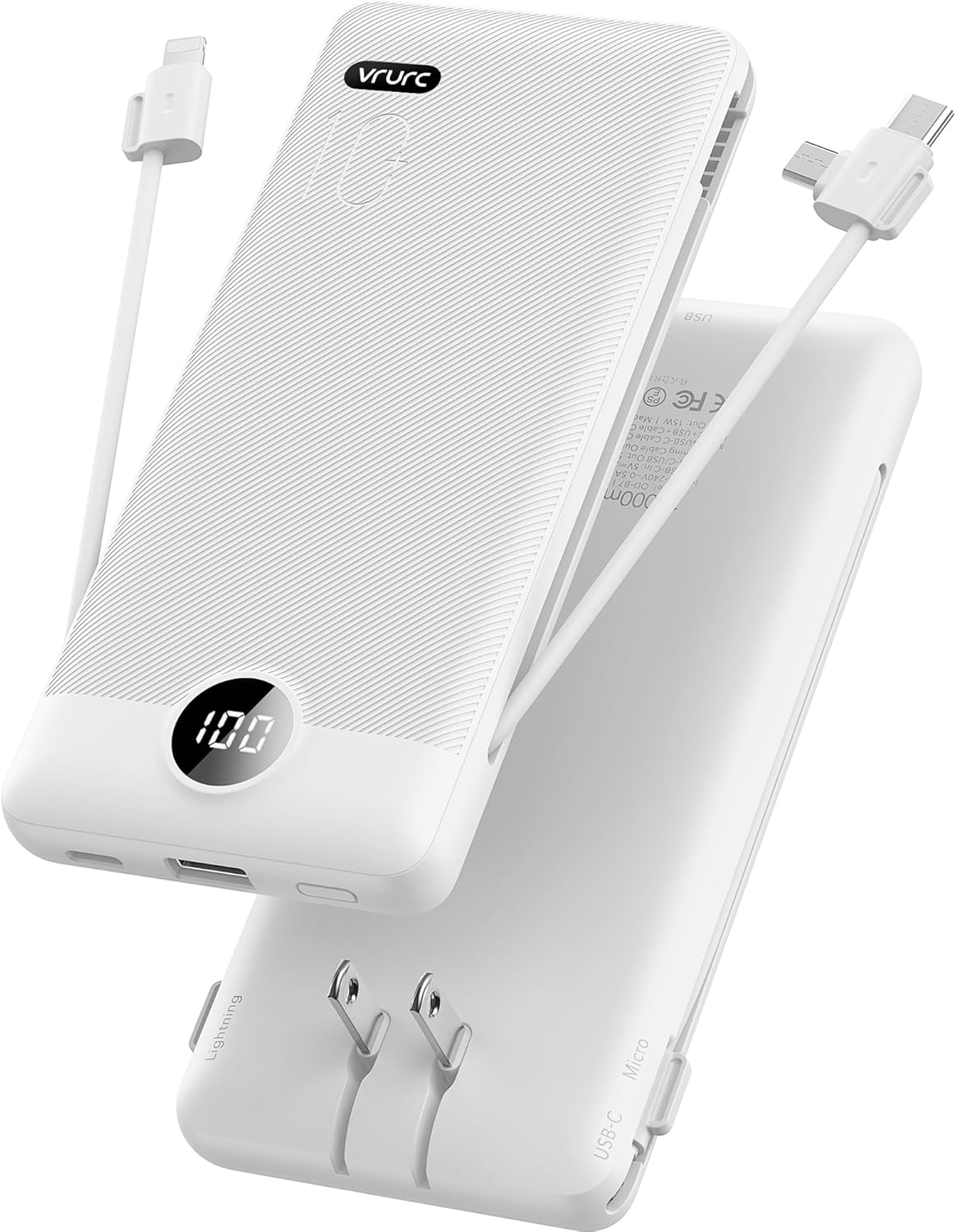 VRURC 10000mAh Portable Charger with Built-in Cables & Wall Plug