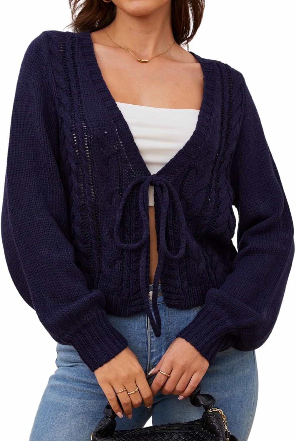 Trendy Cropped Tie Front Cardigan Sweater for Women