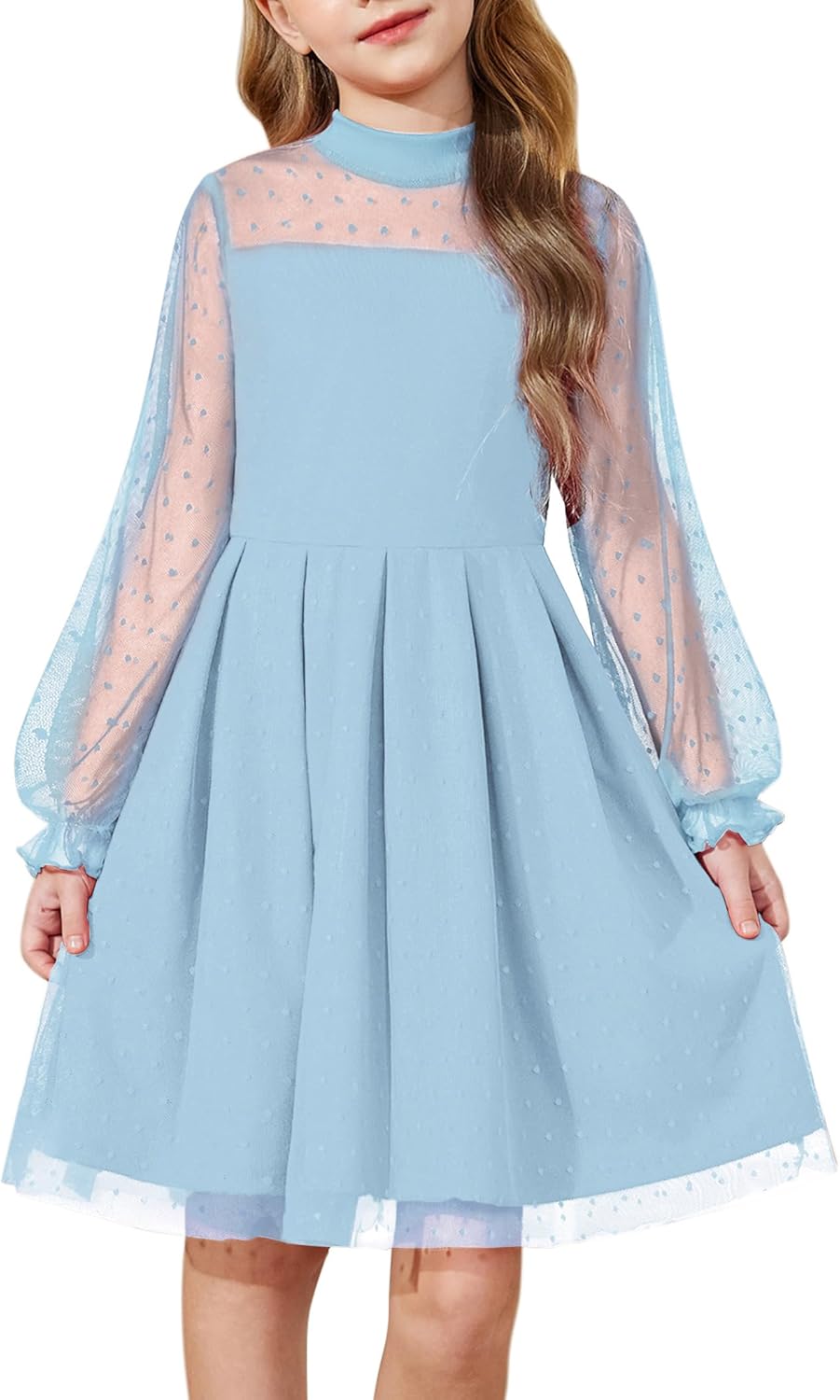 Arshiner Girls Dresses Contrast Mesh Puff Long Sleeve A Line