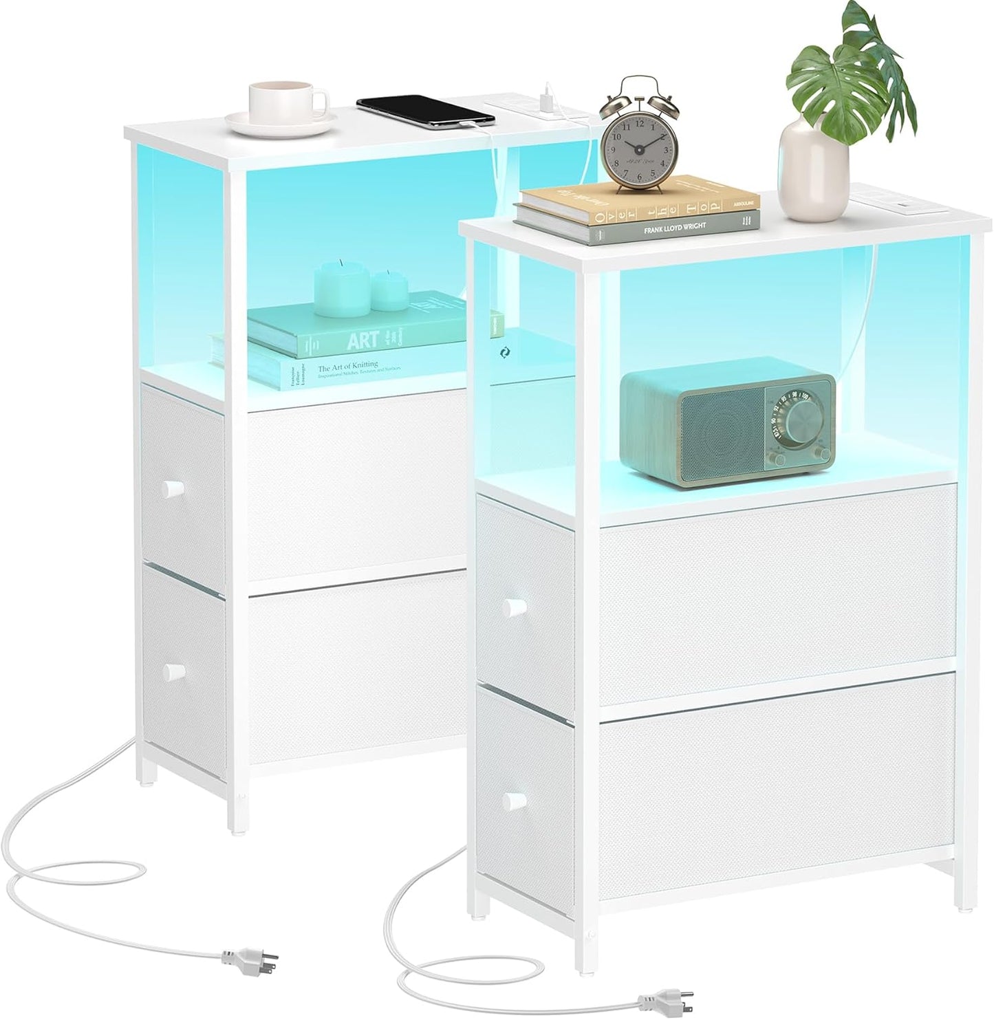 Small Narrow LED End Table with Charging Station and Drawers