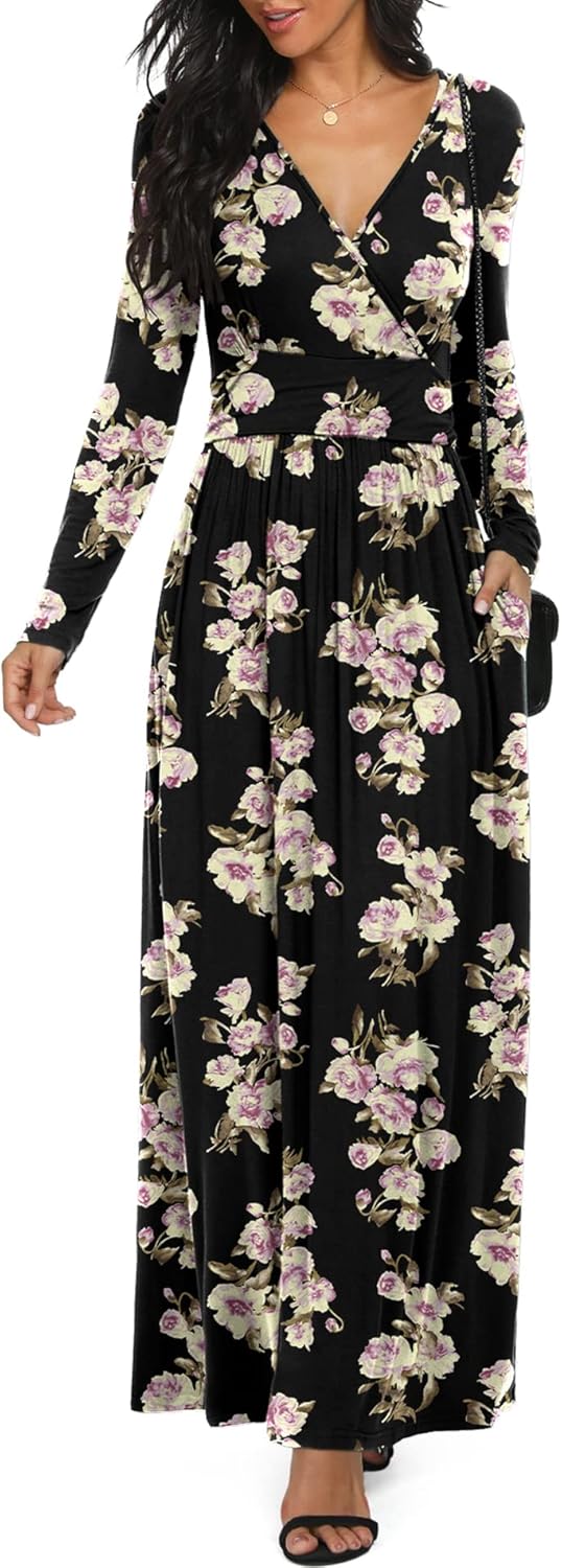 LILBETTER Women Long Sleeve Deep V Neck Maxi Casual Dress