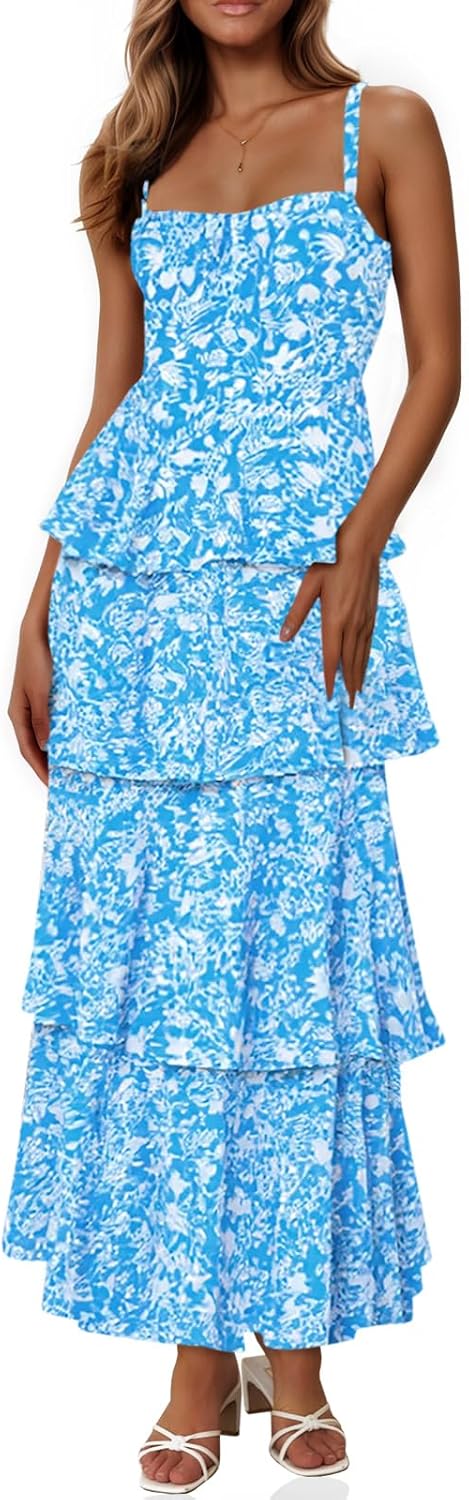 Womens Summer Floral Maxi Dresses with Ruffle Tiered Design