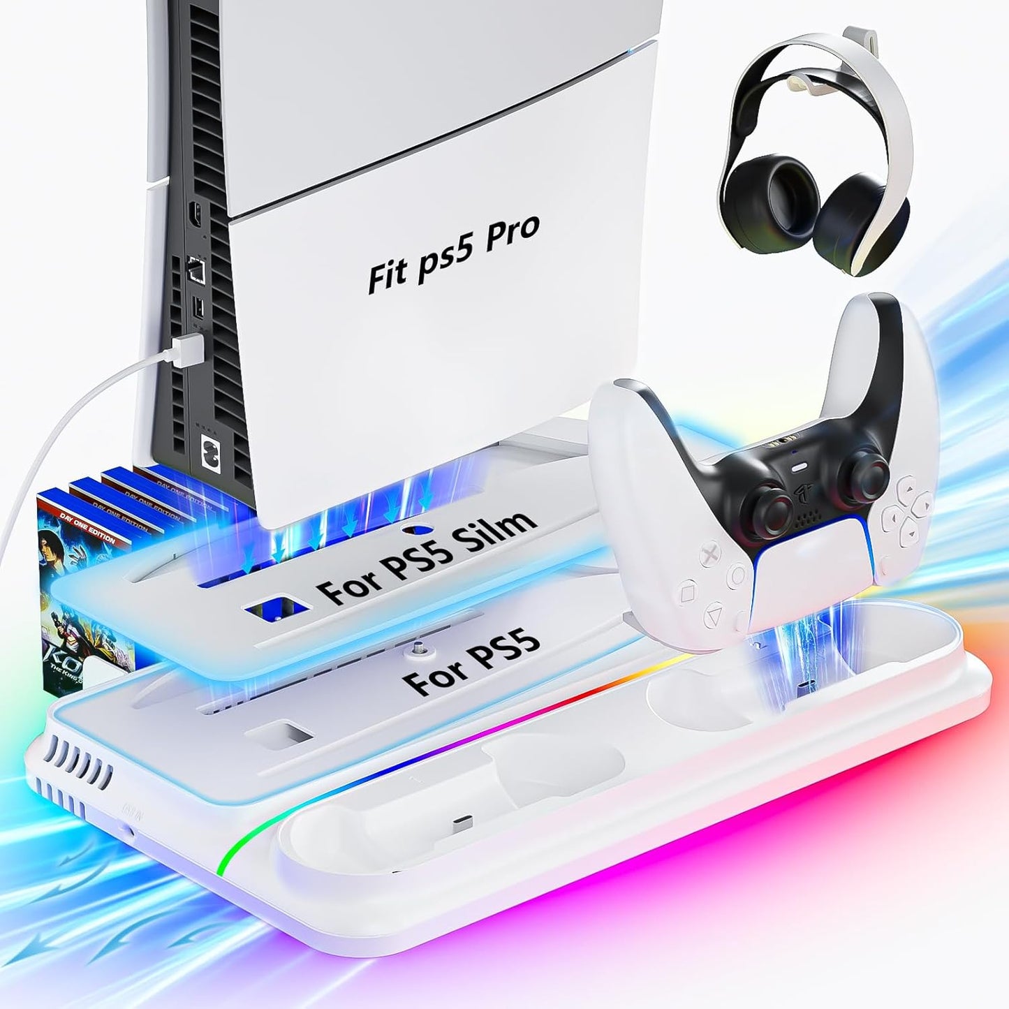 PS5 Pro Stand with Dual Charger & Cooling - Upgraded