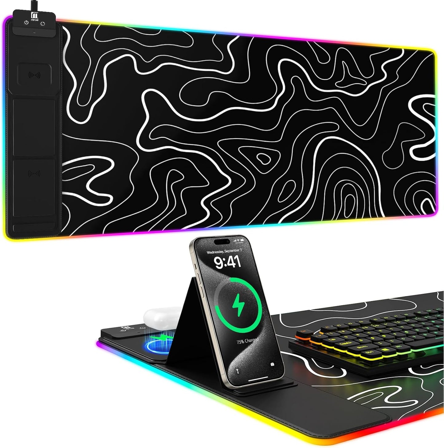 Wireless Charging Mouse Pad with Phone Holder and RGB Lighting