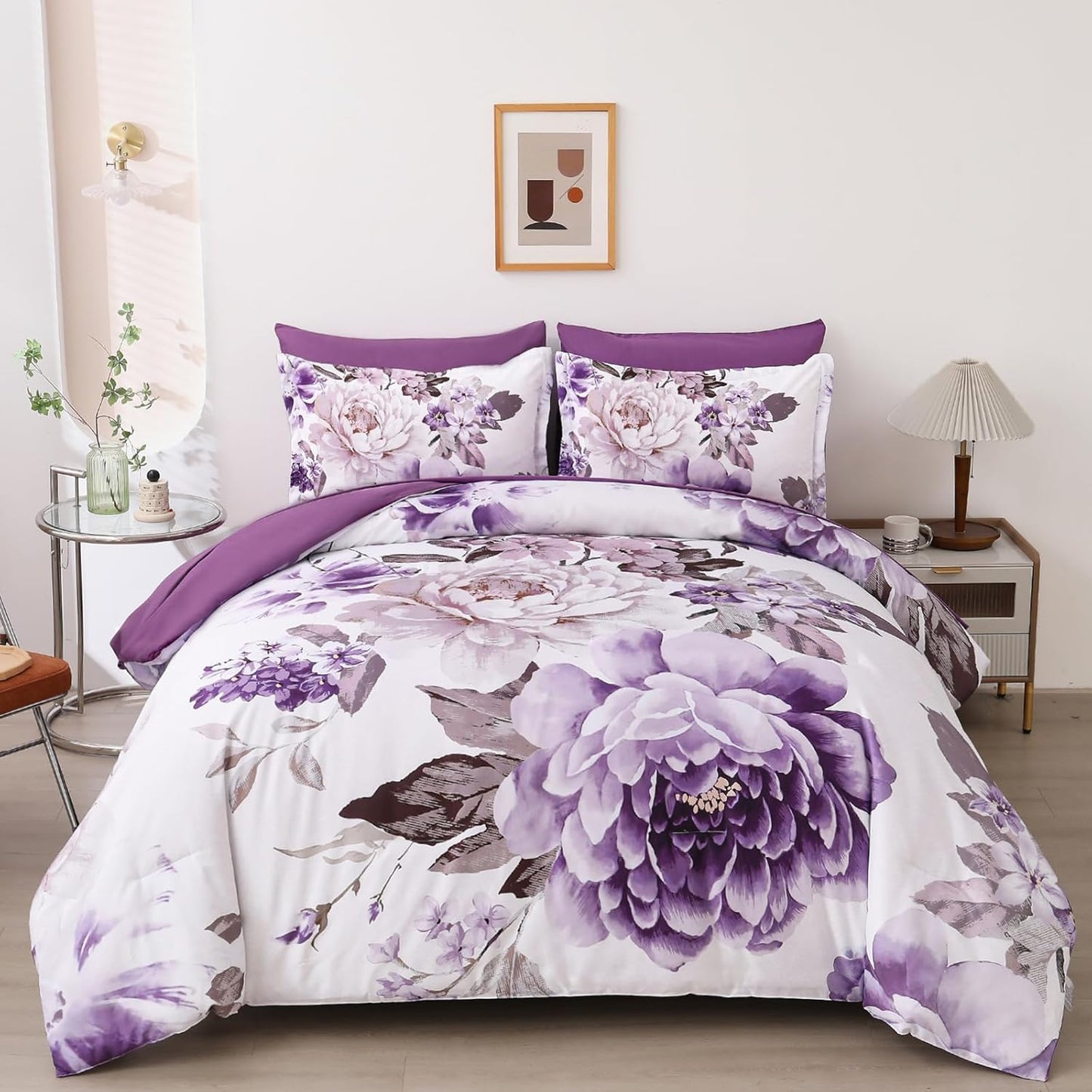 Dintszyayue 7 Pieces Comforter Set King - Purple Floral Elegance