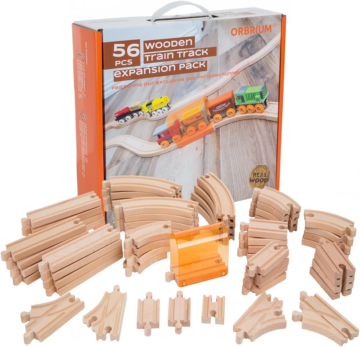 56 Piece Wooden Train Track Expansion Pack with Tunnel for Kids