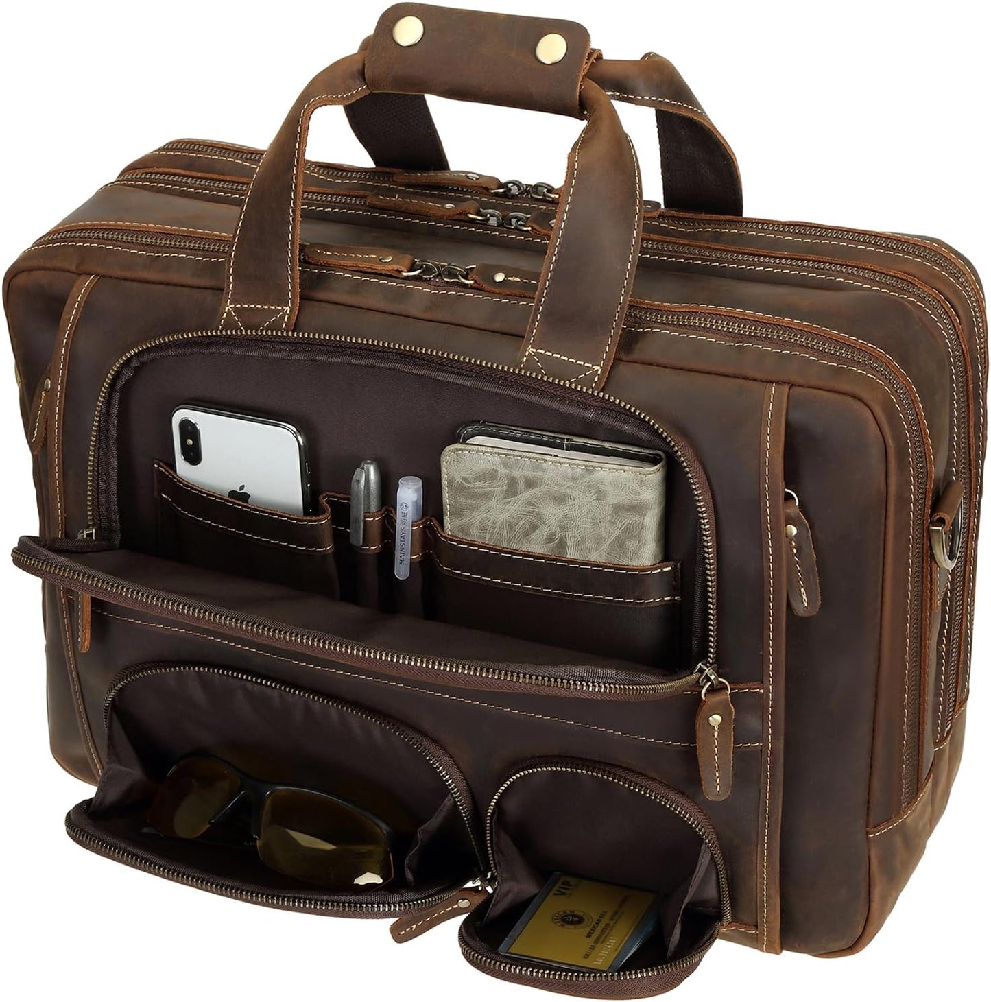 Top Cowhide Leather Briefcase for Men - 17.3 Inch Laptop Bag