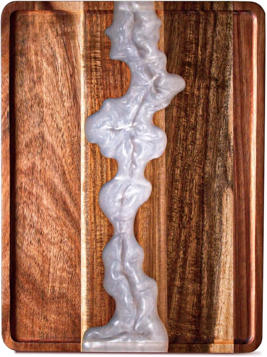 Visually Stunning Pearl White Resin Acacia Wood Serving Tray