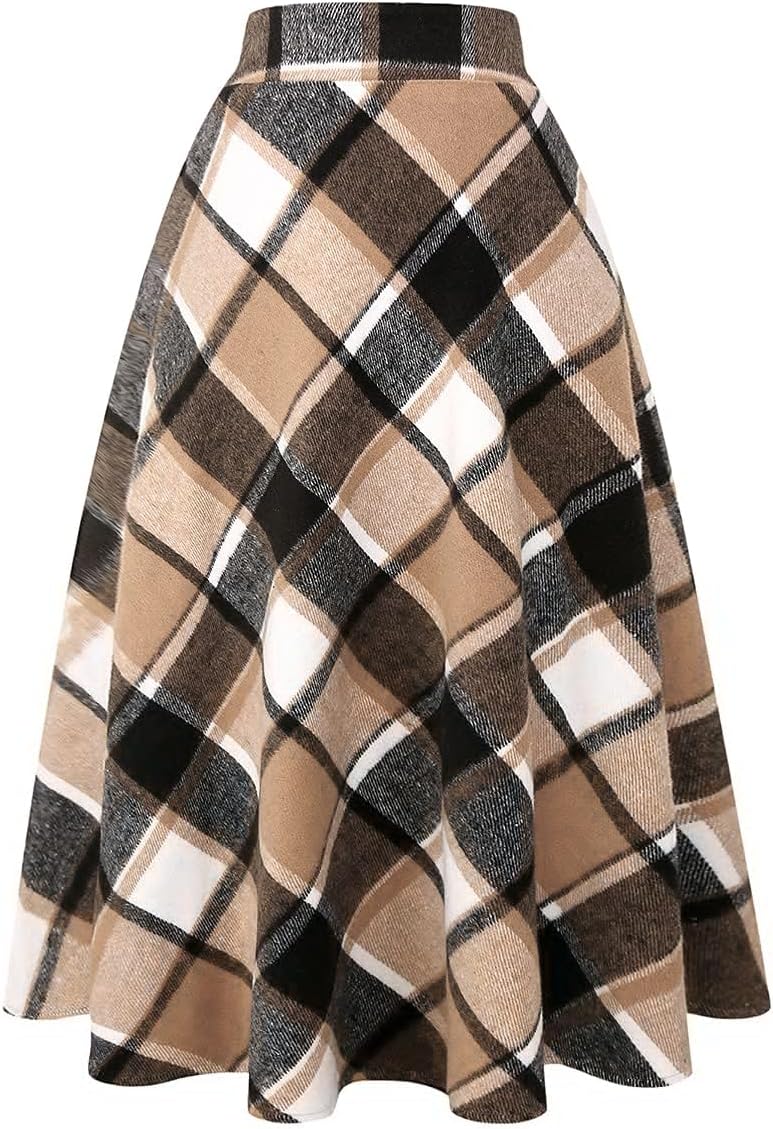 Womens Plaid Wool Skirts with Elastic Waist for Classic Style
