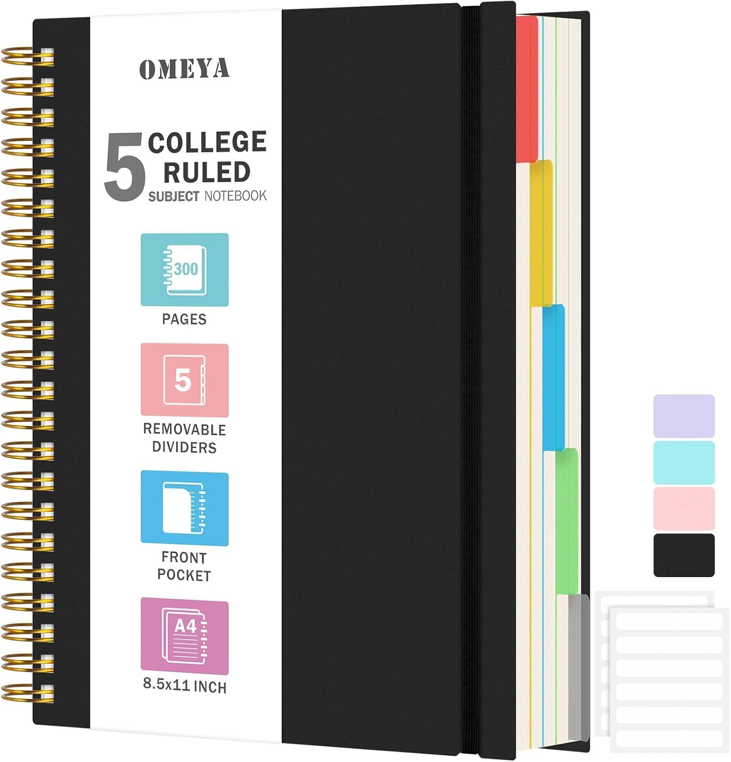 OMEYA Large 300 Pages Spiral Notebook, 5 Subject, Removable Dividers, 100GSM Thick
