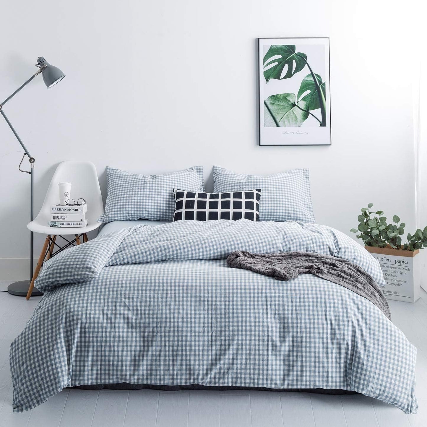 Light Blue Gingham Duvet Cover Set for Queen Size Bedding