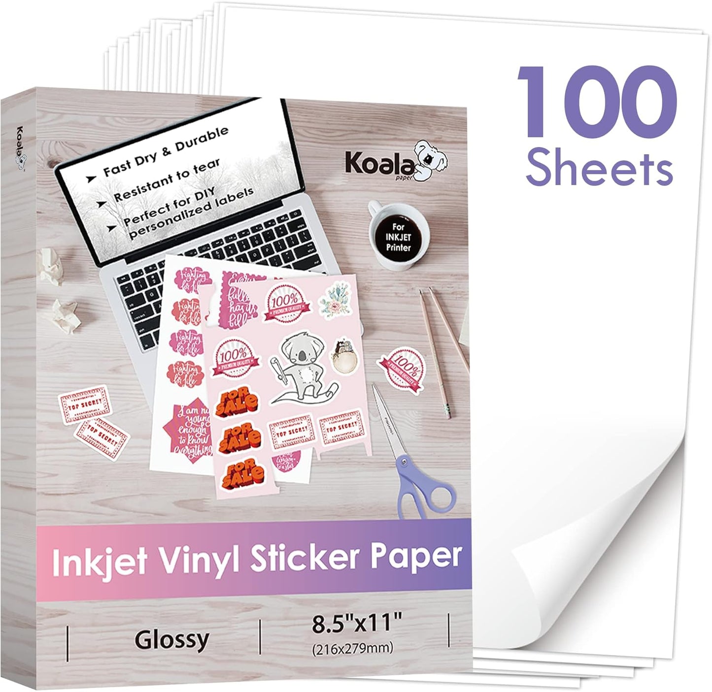 100 Glossy White Water-Resistant Sticker Sheets by Koala Paper