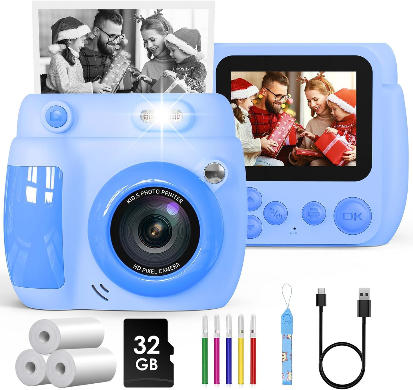 48MP Instant Print Kids Camera, 3 Rolls Paper, 32GB Card, HD Video, Blue by Gofunly