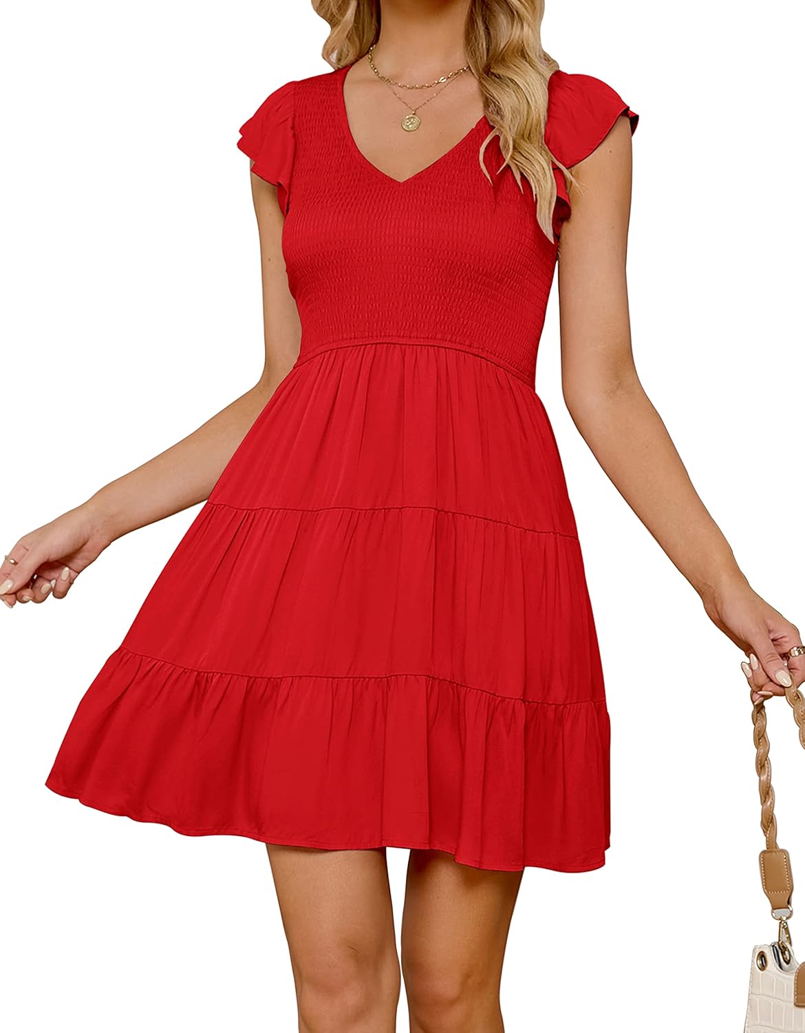 ZESICA Women's Bohemian Ruffle Smocked A Line Mini Dress