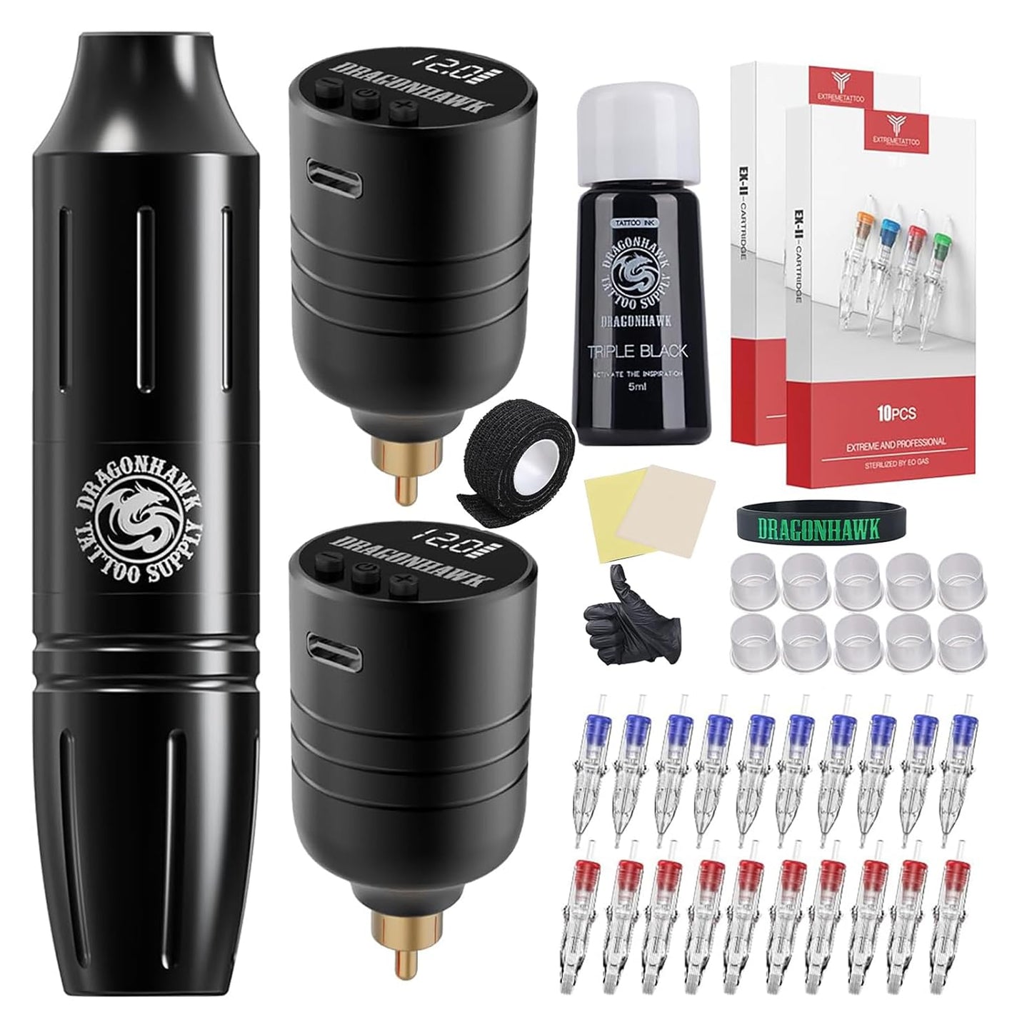 Dragonhawk Wireless Tattoo Kit for Beginners with 2 Batteries