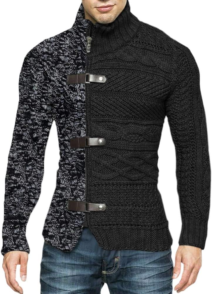Karlywindow Men's Cable Knitted Oplique Zip Button Front Sweater