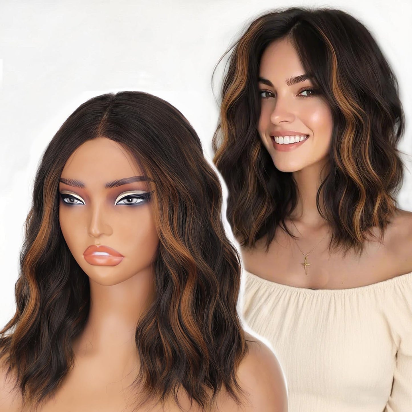 14 Inch Highlights Caramel Brown Wigs for Women - Stylish Bob